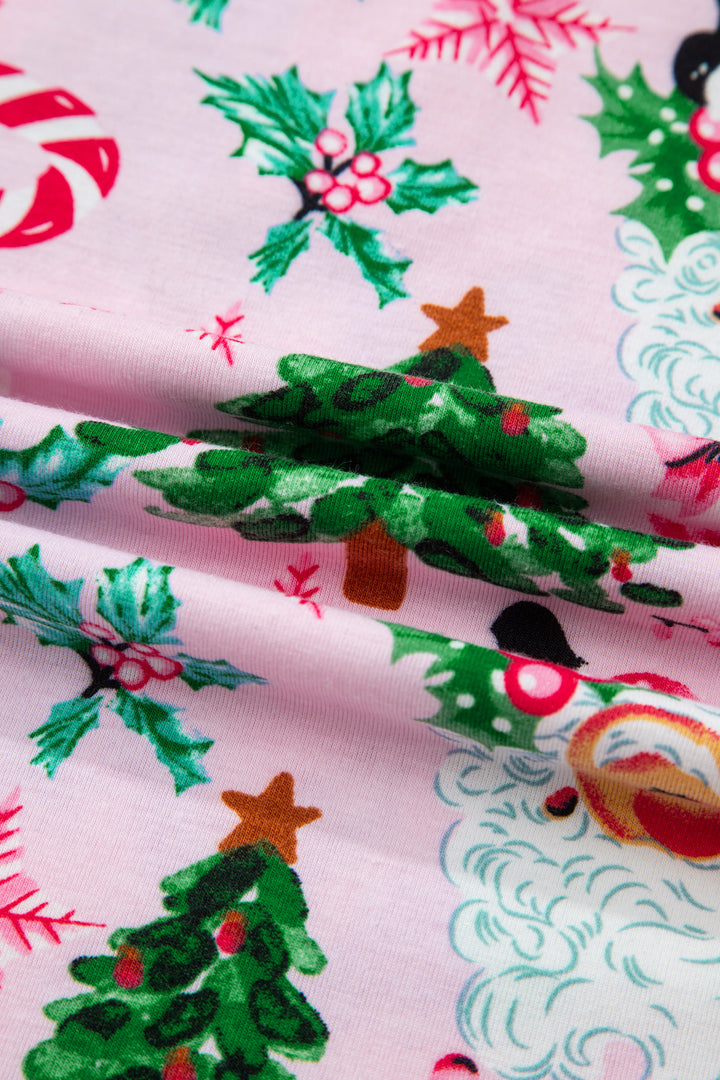 Pink Christmas Pattern Button V Neck Pullover Drawstring Pants 2pcs Lounge Set