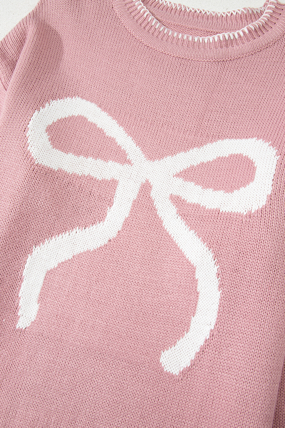 Pink Bow Pattern Contrast Trim Christmas Loose Graphic Sweater