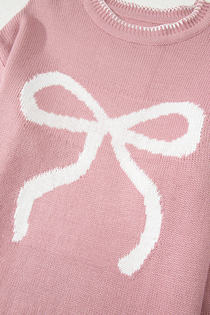 Pink Bow Pattern Contrast Trim Christmas Loose Graphic Sweater