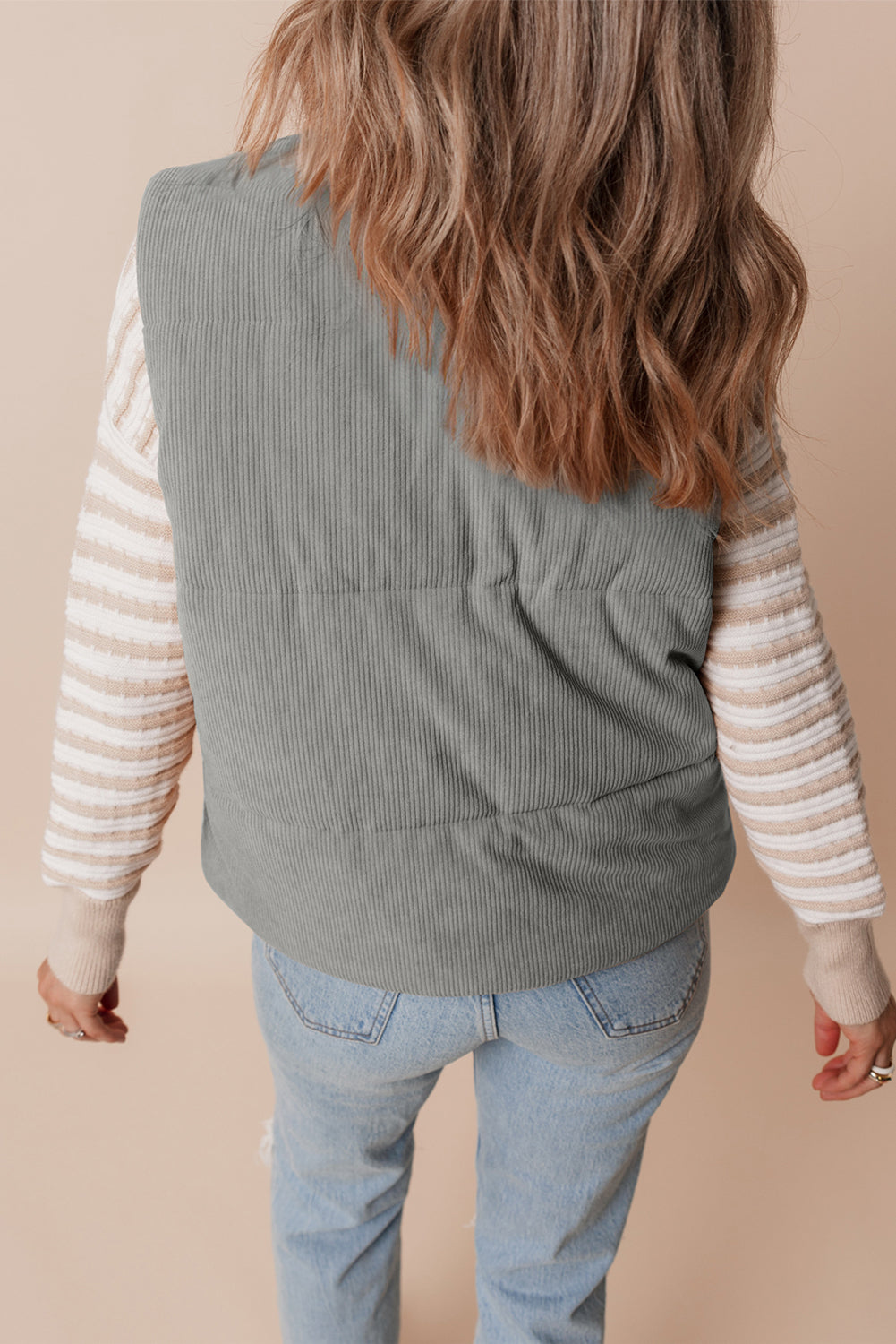 Gray Corduroy Stand Neck Zipped Puffer Vest