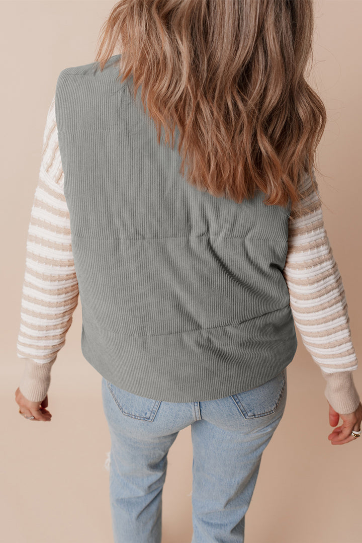 Gray Corduroy Stand Neck Zipped Puffer Vest