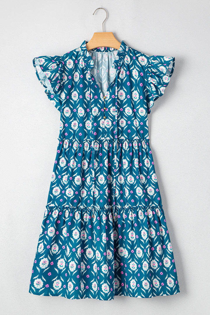 Retro Floral Print Split Neck Ruffle Short Sleeve Dress