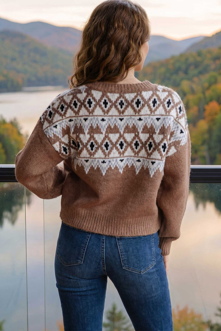 Khaki Geometric Print Casual Pullover Sweater