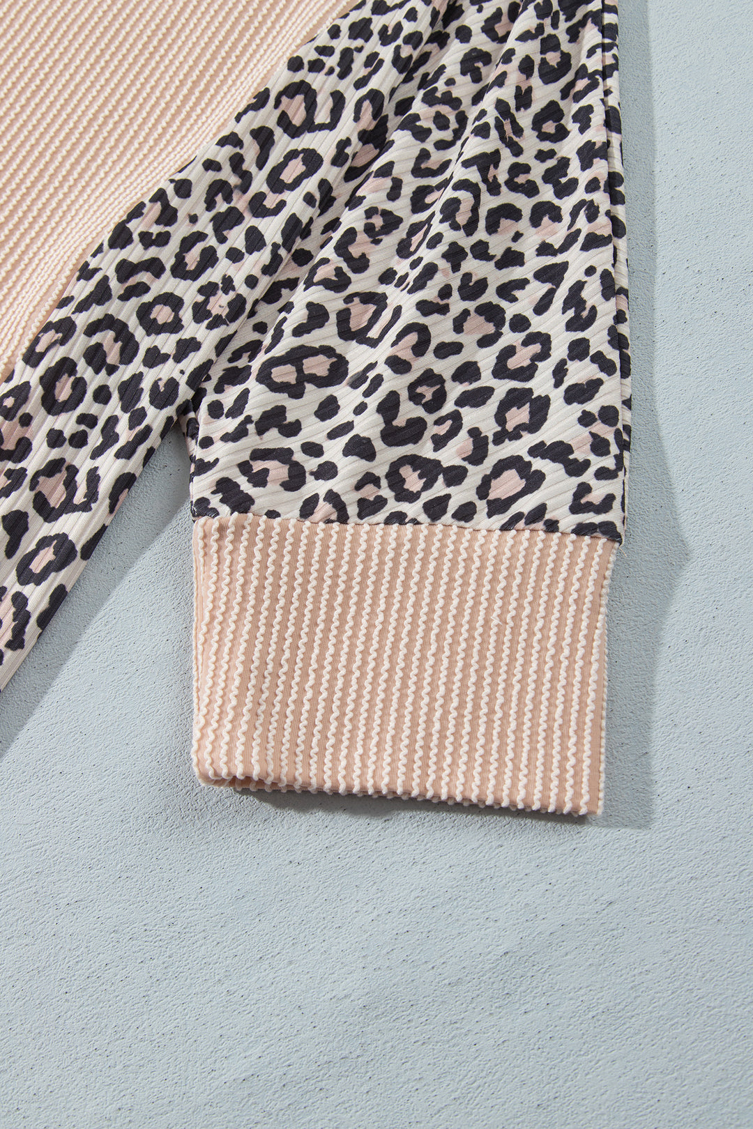 Parchment Leopard Print Twisted Ribbed Patchwork Long Sleeve Top Loose Pant Set