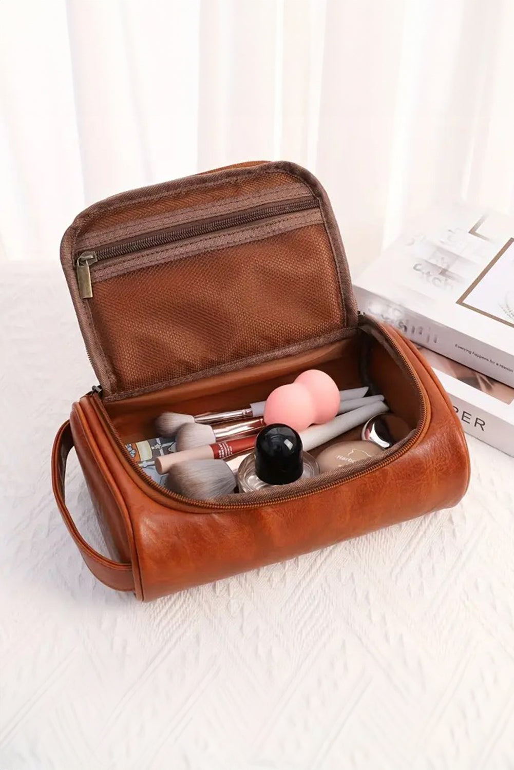 Grande trousse de maquillage multifonctionnelle en cuir PU