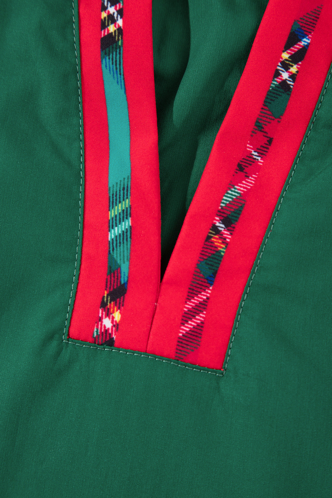 Evergreen Plaid Trim V Neck Short Sleeve Shift Blouse