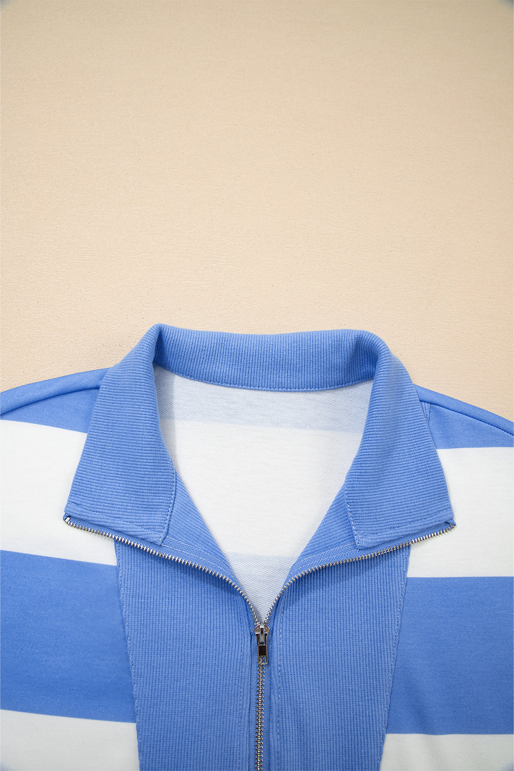 Sky Blue Stripe Half Zipper Placket Bracelet Sleeve Top Casual Shorts Set