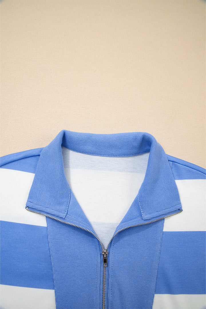 Sky Blue Stripe Half Zipper Placket Bracelet Sleeve Top Casual Shorts Set