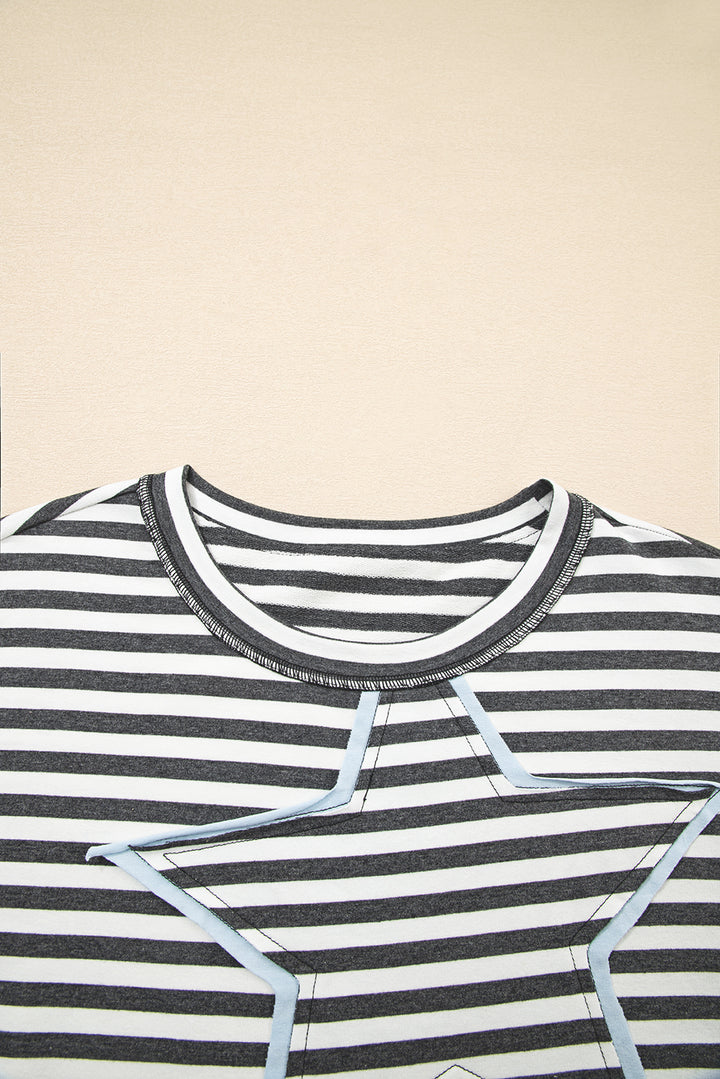 Starry Patch Drop Shoulder Raw Edge Casual Knit Top