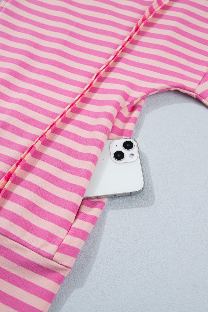 Pink Stripe Zip-up Puff Sleeve Zip Jacket Sweatshirt