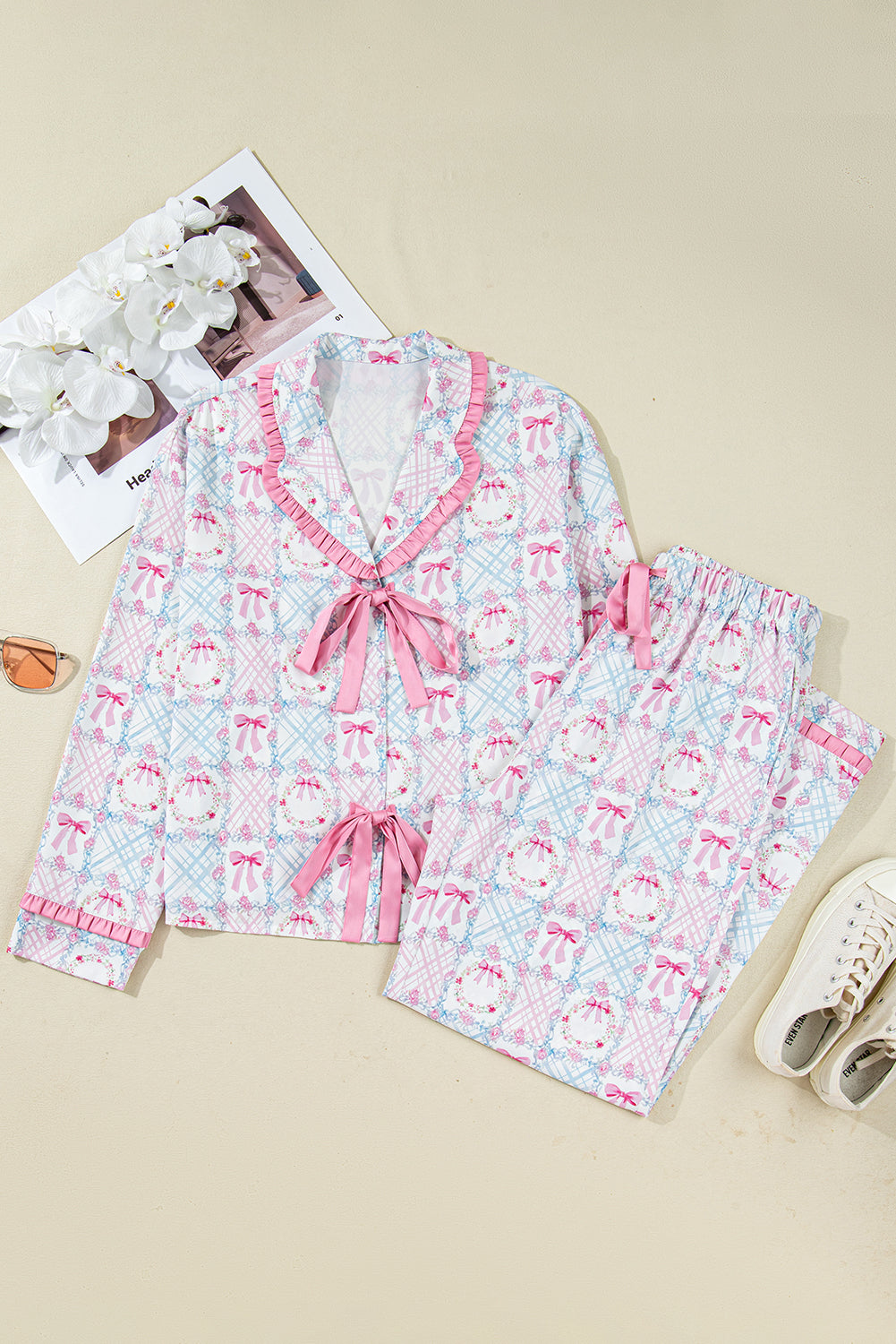 Pink Bow Wreath Pattern Christmas Holiday Tied Front Long Sleeve 2pcs Pajama Set