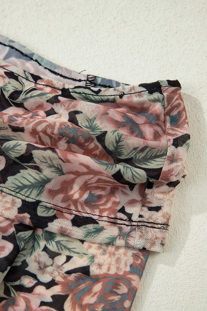 Floral Print Mesh Long Sleeve Foldover Off Shoulder Top