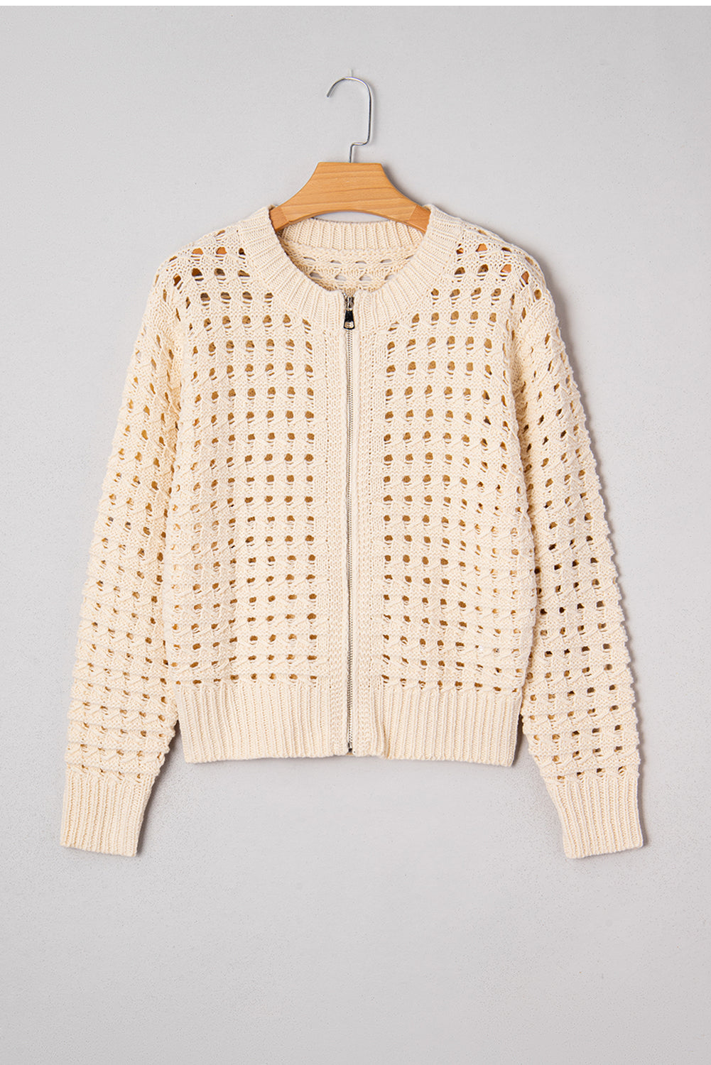 Hollowed Pattern Knit Zip Up Drop Shoulder Sweater Cardigan