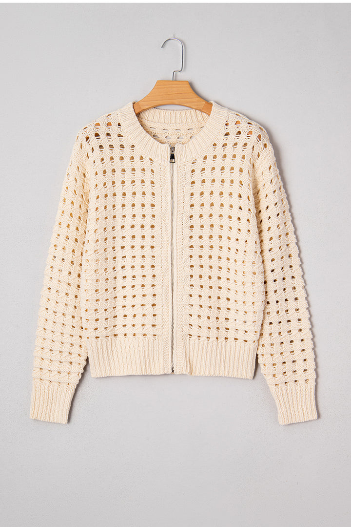 Hollowed Pattern Knit Zip Up Drop Shoulder Sweater Cardigan