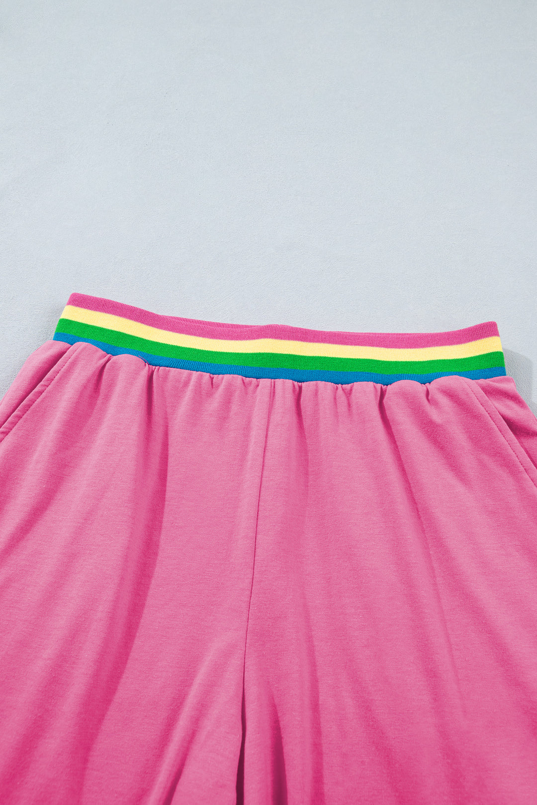 Bright Pink Seam Detail Raw Edge Tee Rainbow Waistband Casual Short Set