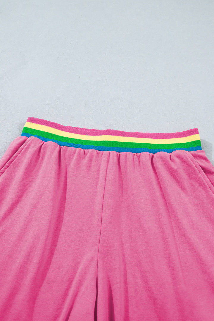 Bright Pink Seam Detail Raw Edge Tee Rainbow Waistband Casual Short Set