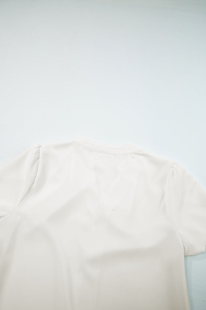 White Silky Notched Neckline Petal Sleeve Blouse