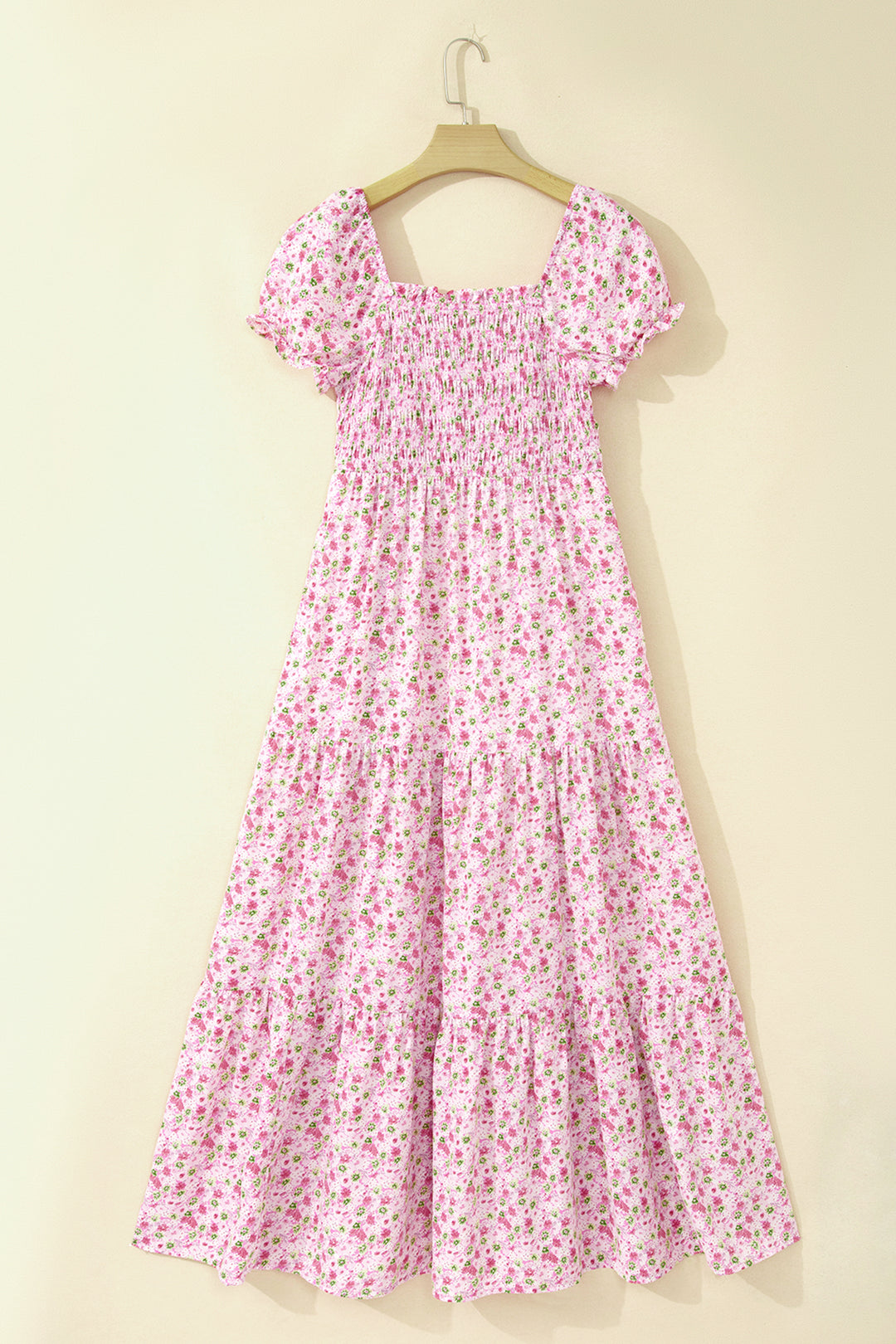 Pink Floral Short Shirred High Waist Maxi Dress