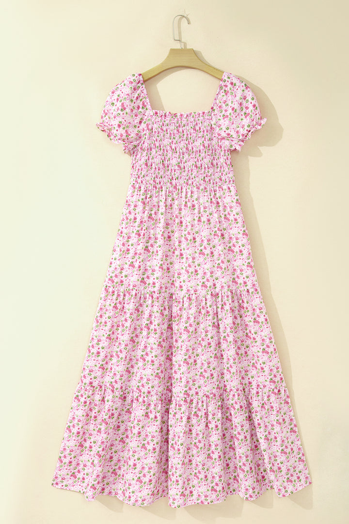 Pink Floral Short Shirred High Waist Maxi Dress