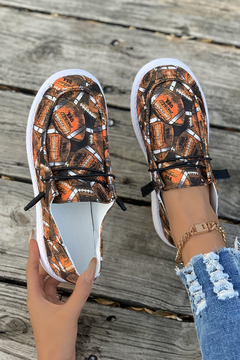 Rugby Allover Print Lace Up Detail Slip On Flat Shoes
