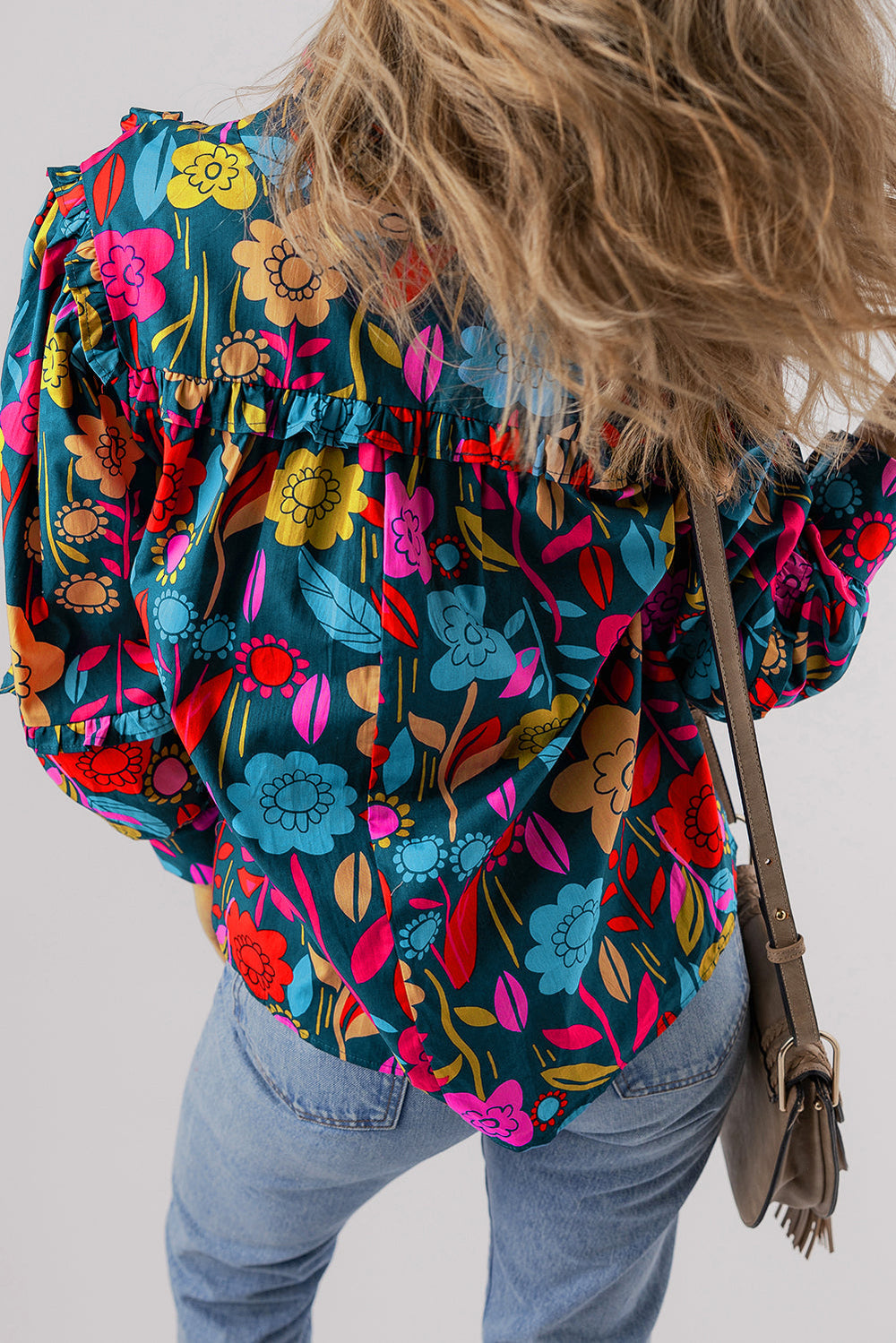 Floral Knot Split Neck Puff Sleeve Blouse