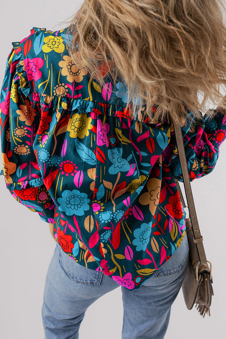 Floral Knot Split Neck Puff Sleeve Blouse