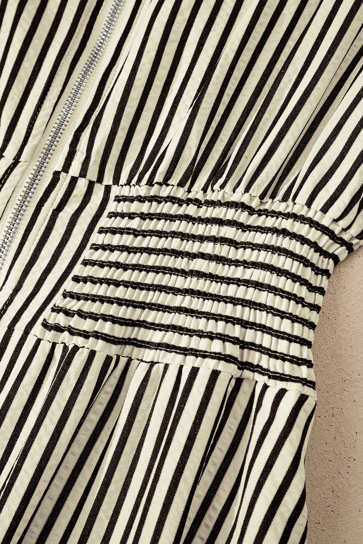 Black Stripe V Neck Zip Front Cinched High Waist Midi Dress
