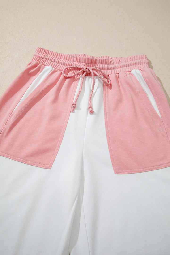 White Two-tone Color Block Patchwork Tee Drawstring Loose Pant Set
