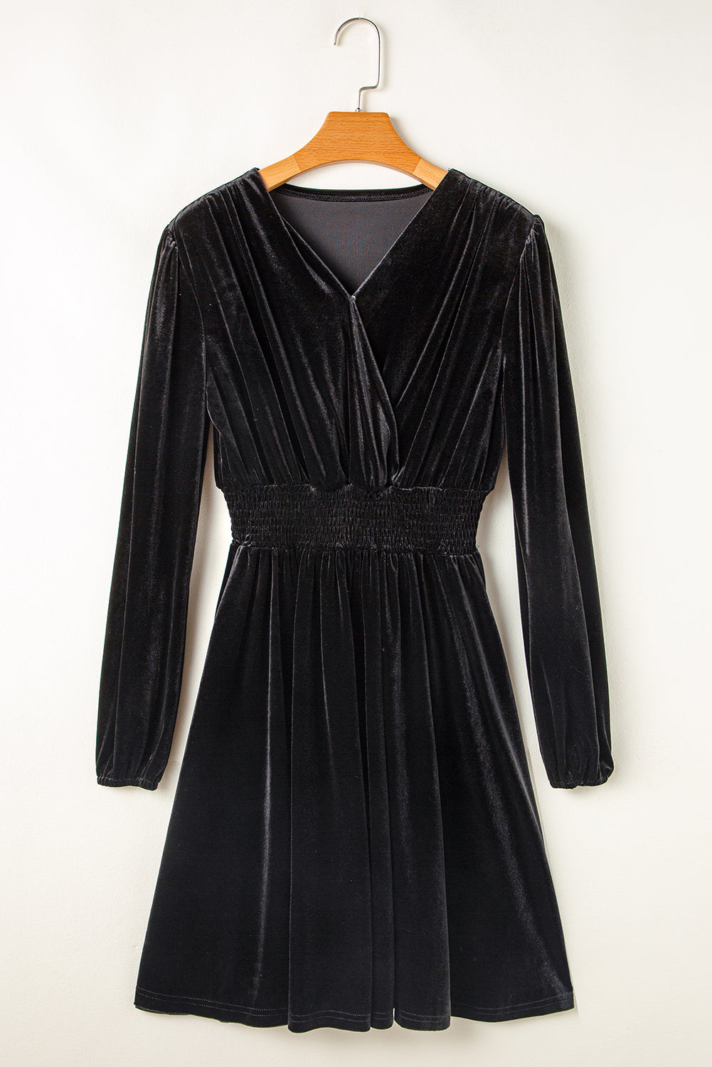 Luxurious Black Velvet Long Sleeve Surplice High Waist Mini Dress