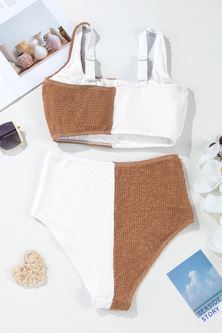 White Corded Colorblock Square Neck Bikini Swimsuit