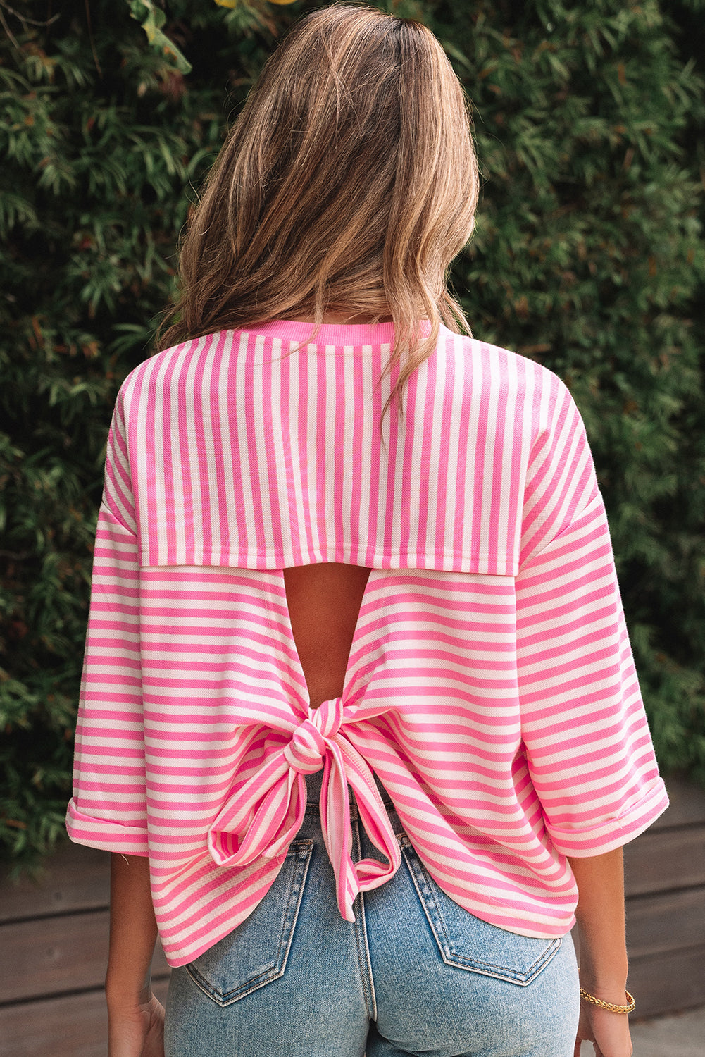 Bowknot Cutout Back Drop Shoulder Wide Bracelet Sleeve Loose Tee