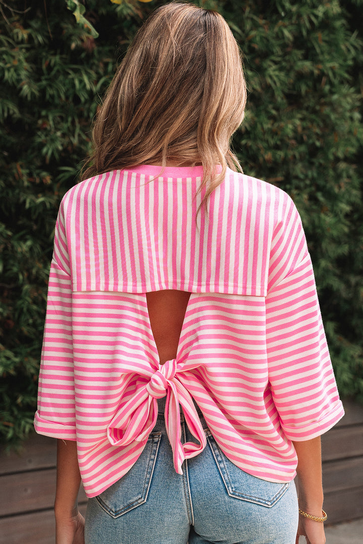 Bowknot Cutout Back Drop Shoulder Wide Bracelet Sleeve Loose Tee