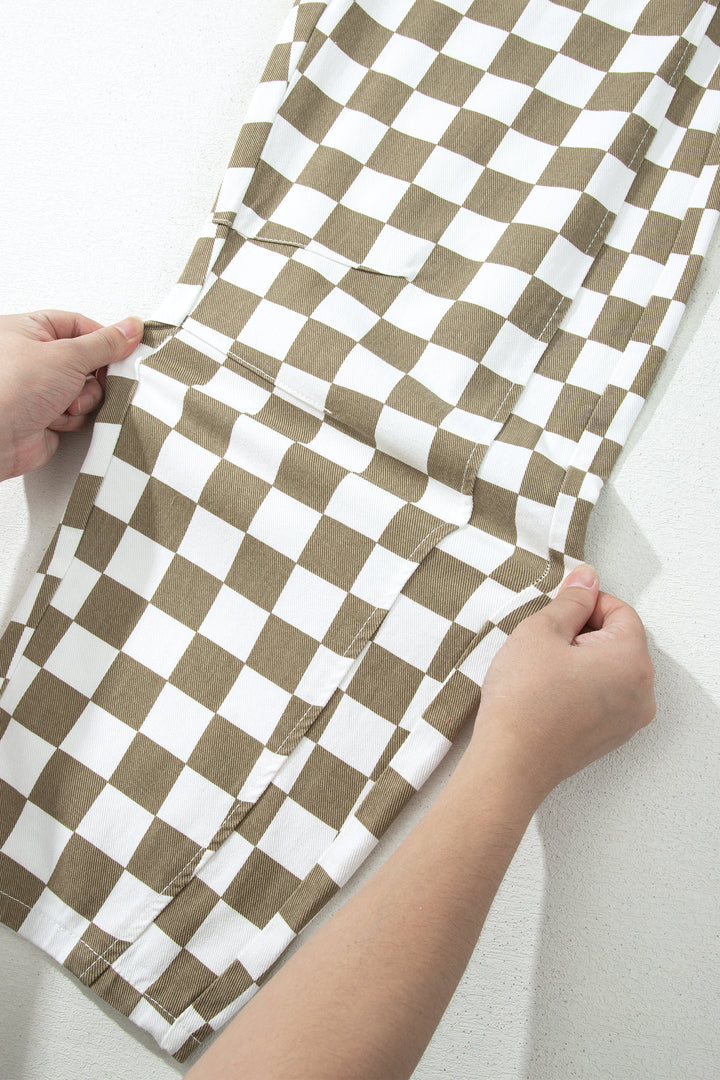 White Checkered Print Denim Barrel Pants