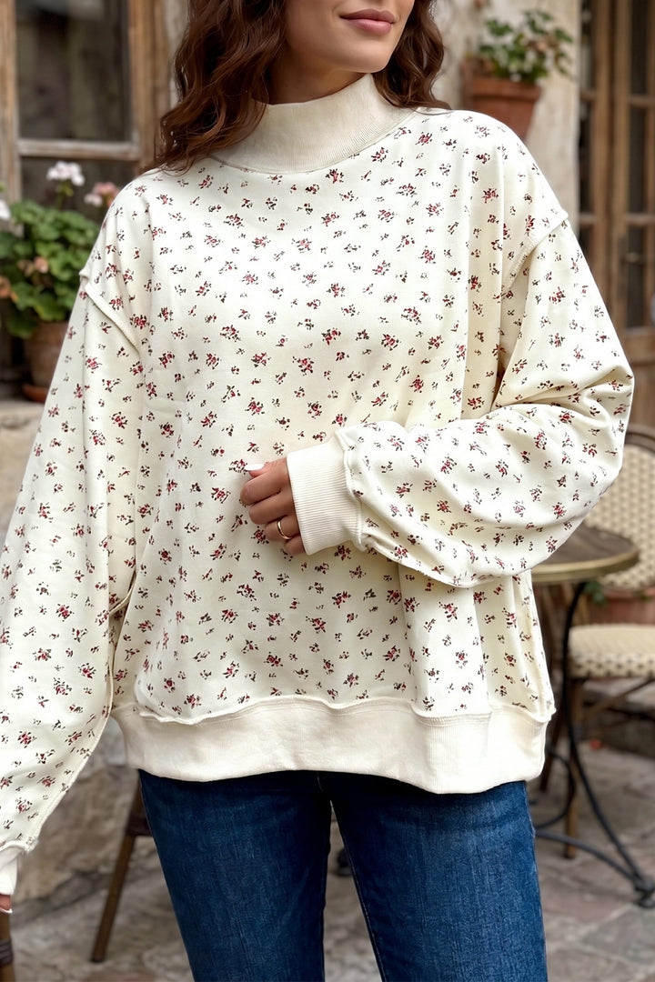 Beige Ribbed High Neck Floral Print Baggy Pullover Sweatshirt