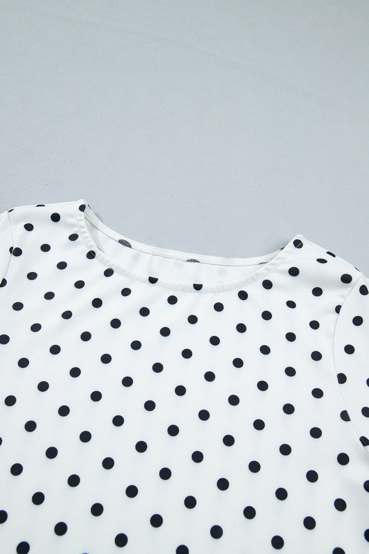 Black Polka Dot Print Lettuce Trim Long Sleeve Top