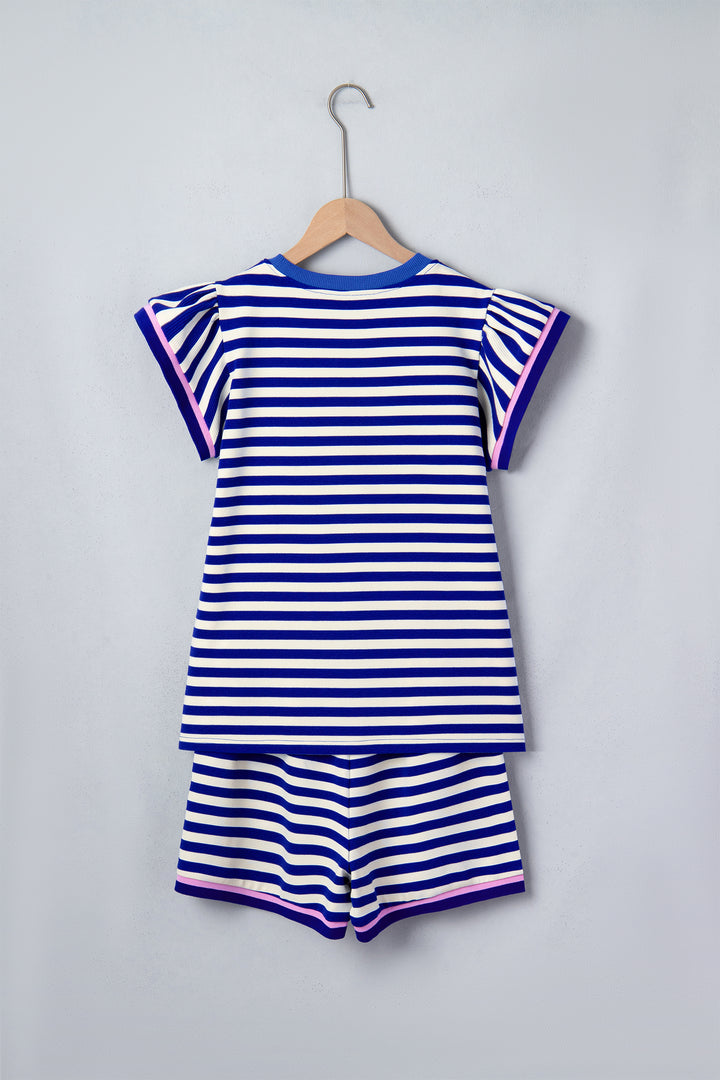 Blue Stripe Contrast Trim Cap Sleeve Top Casual Shorts 2pcs Set