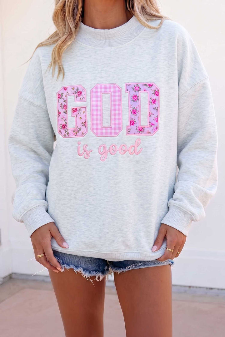 Light Grey GOD IS GOOD Appliqué Embroidery Mock Neck Pullover Sweatshirt