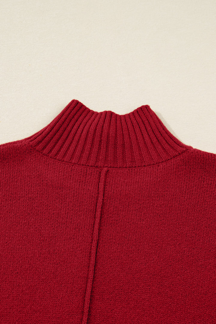 Ribbed High Neck Front Pockets Center Seam Shift Sweater Dress