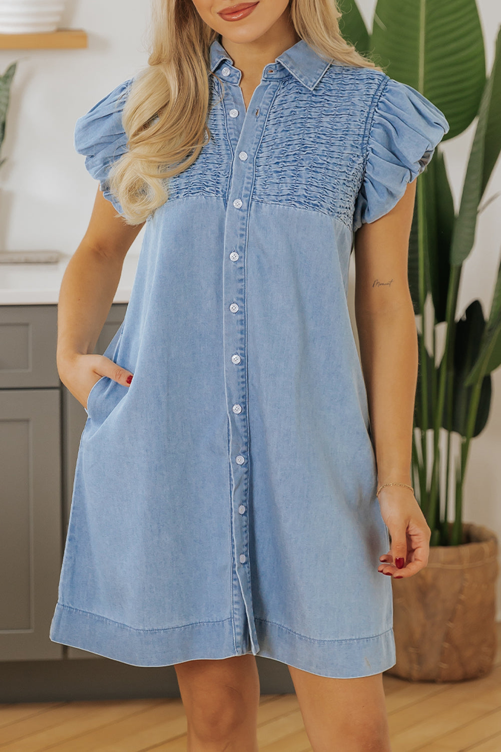 Flutter Sleeve Shirred Detail Button Up Denim Mini Dress