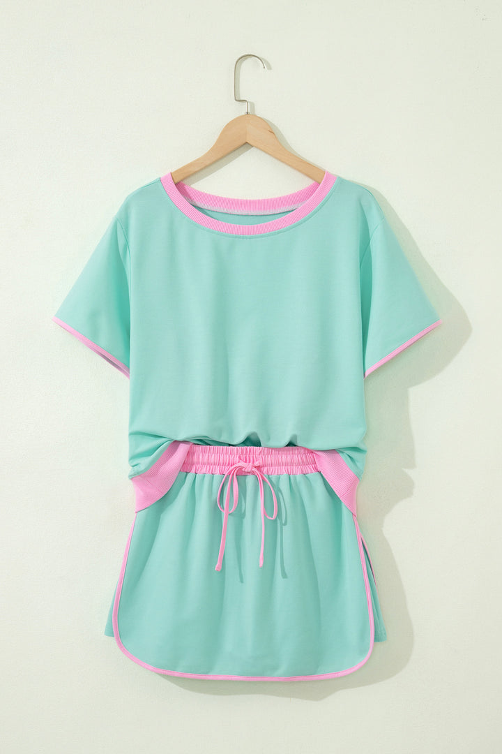 Moonlight Jade Colorblock Edge Drop Shoulder T Shirt and Skort 2Pcs Set