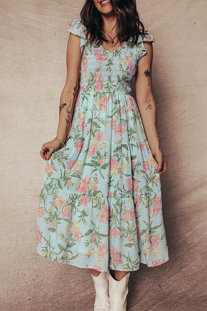Smocked Bodice Ruffled Sleeveless Tiered Floral Maxi Dress