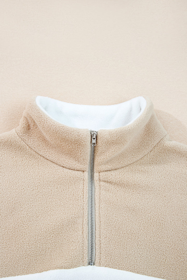 Fleece Colorblock Patchwork Zipped Neck Pullover Sweatshirt