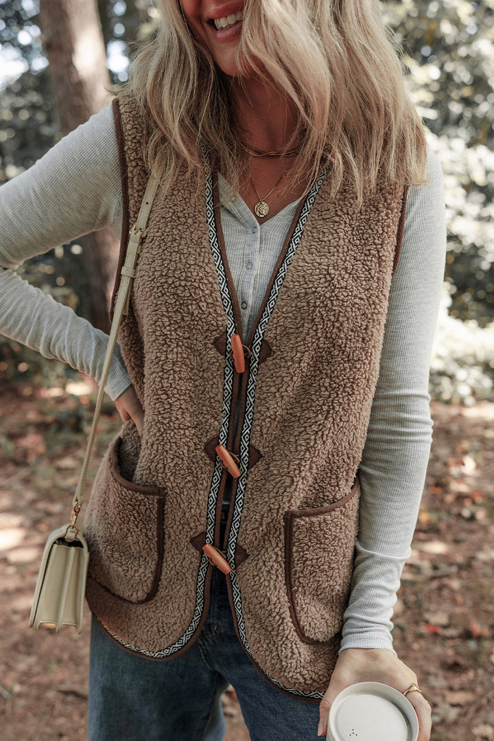 Dark Khaki Sherpa Contrast Trim Patch Pocket Cartridge Toggle Button Vest