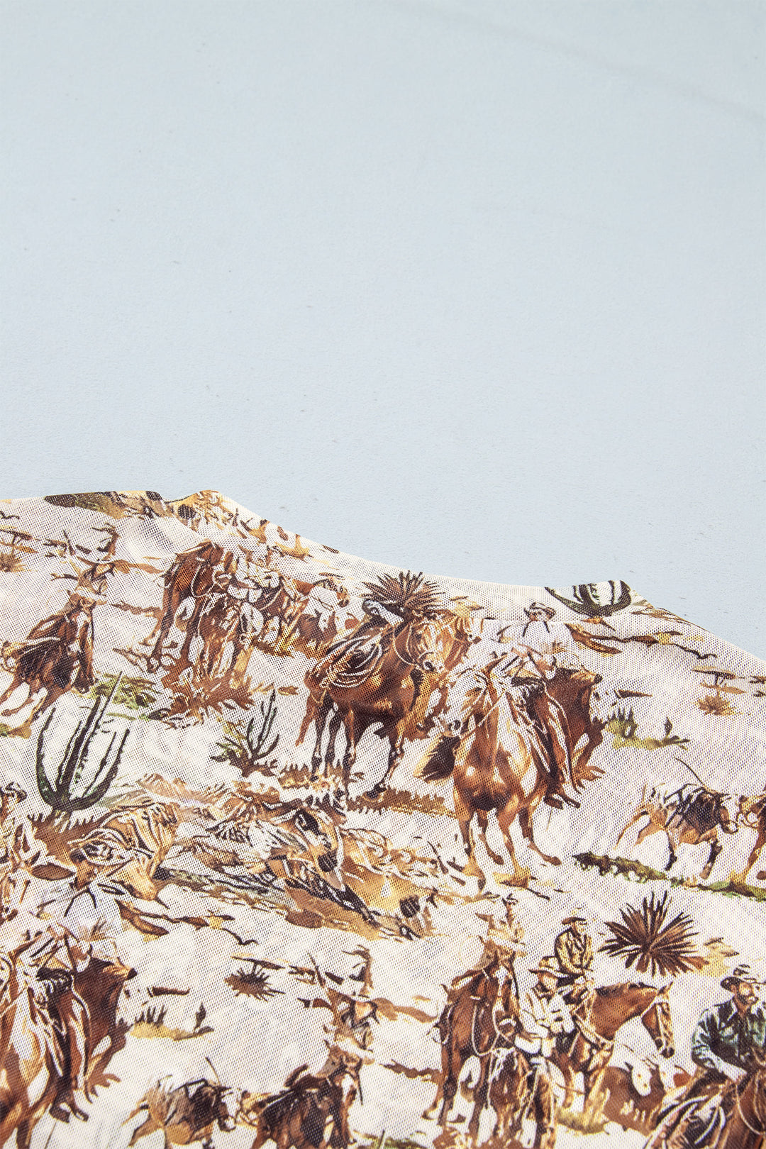 Brown Western Cowboy Floral Print Sheer Mesh Long Sleeve Top