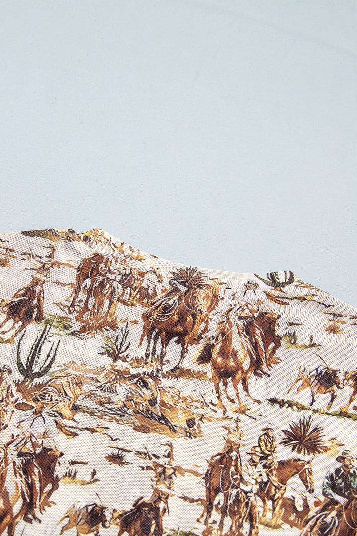 Brown Western Cowboy Floral Print Sheer Mesh Long Sleeve Top