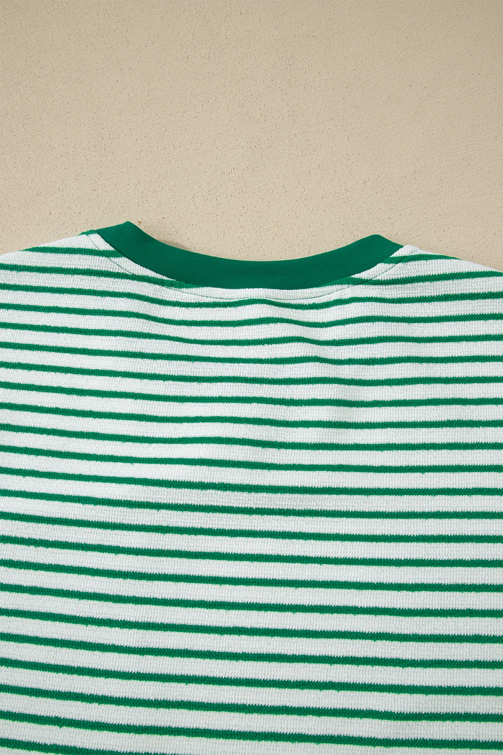 Green Stripe Crew Neck Tee Drawstring Waist Cropped Pants Set