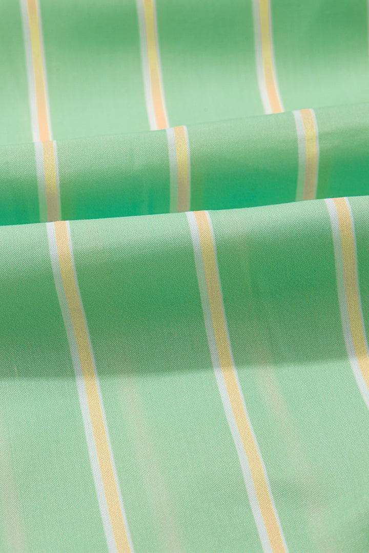 Green Stripe V Neck Short Sleeve Frilled Detail A-line Dress