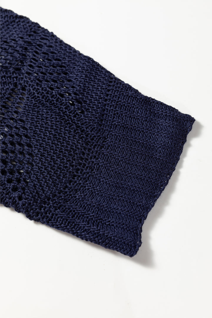 Navy Blue Hollow Out Knit 7/8 Sleeve Casual Sweater
