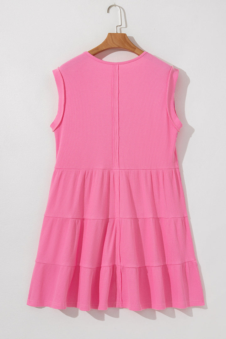 Waffle Textured Button Round Neck A-line Tiered Sleeveless Dress