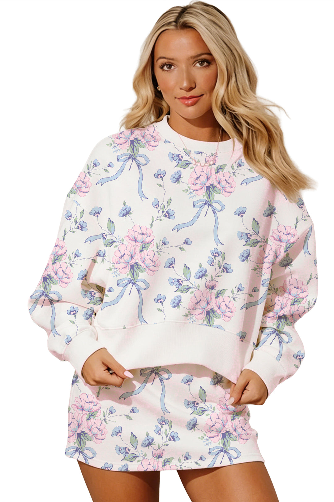White Floral Print Top Elastic Waist Skort Two Piece Dresses